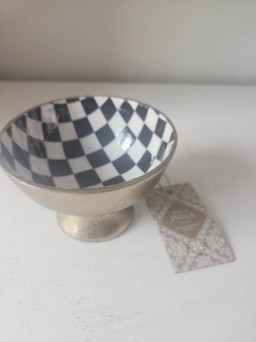 Checkerboard Ceramic Lined Brass Pedestal Bowl - Picture 8 of 9